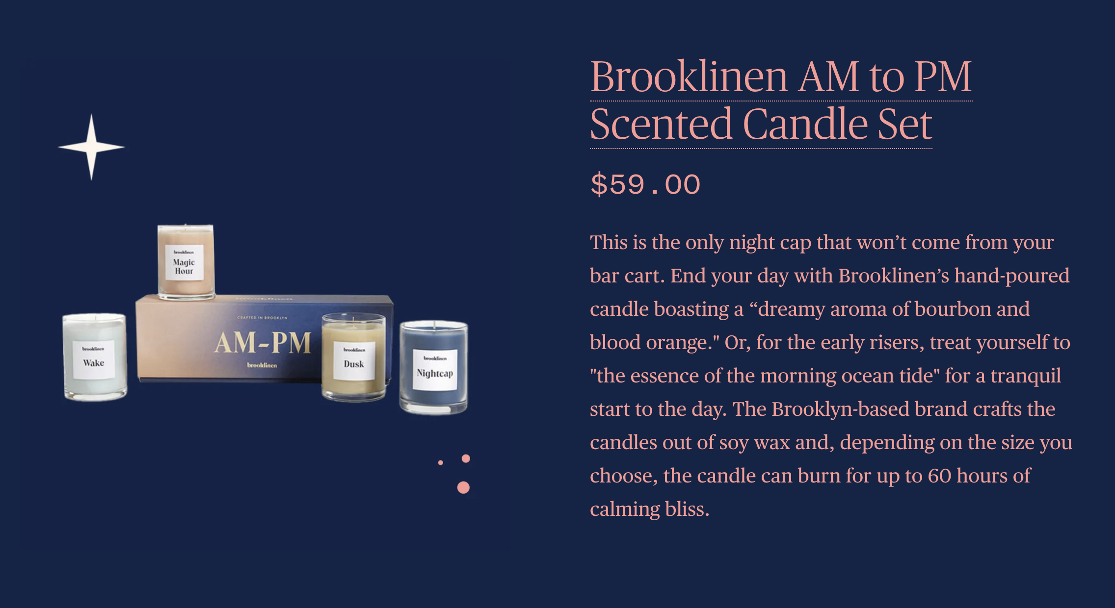 Image of a Brooklyn AM to PM Scented Candle Set with four candles labeled Wake, Magic Hour, Dusk, and Nightcap, alongside descriptive text about the candles and their features.