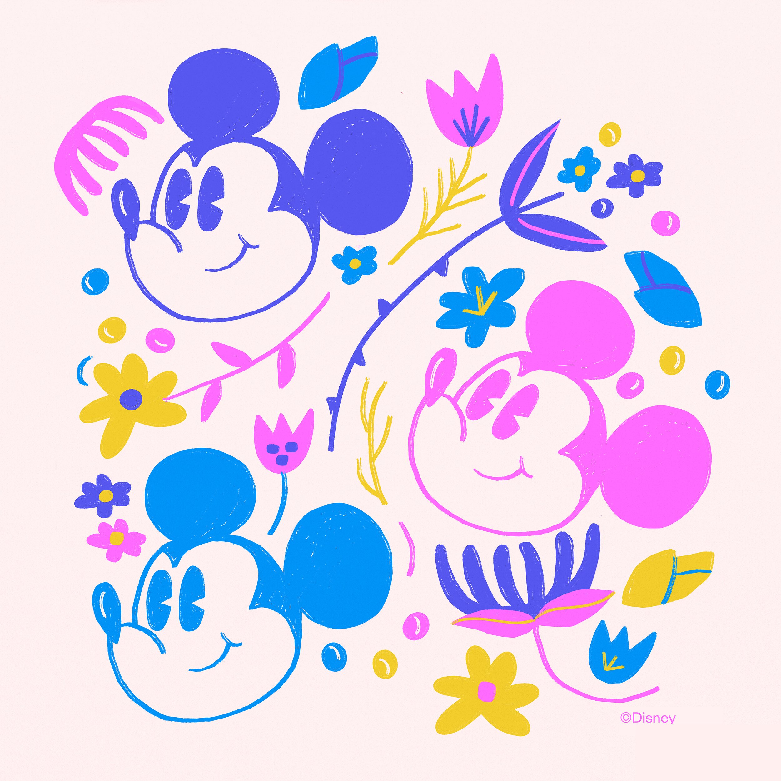 Colorful Disney-themed illustration featuring Minnie Mouse's face with a bow, surrounded by vibrant flowers, leaves, and abstract shapes in pink, yellow, blue, and purple on a light background.