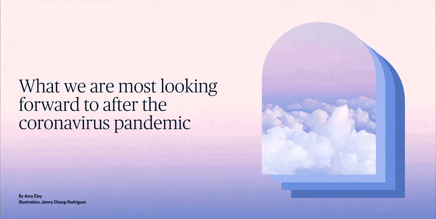 Title slide with a light purple and pink gradient background, featuring a stylized window border showing fluffy clouds and a pastel sky, with black text reading "What we are most looking forward to after the coronavirus pandemic" and smaller text cit