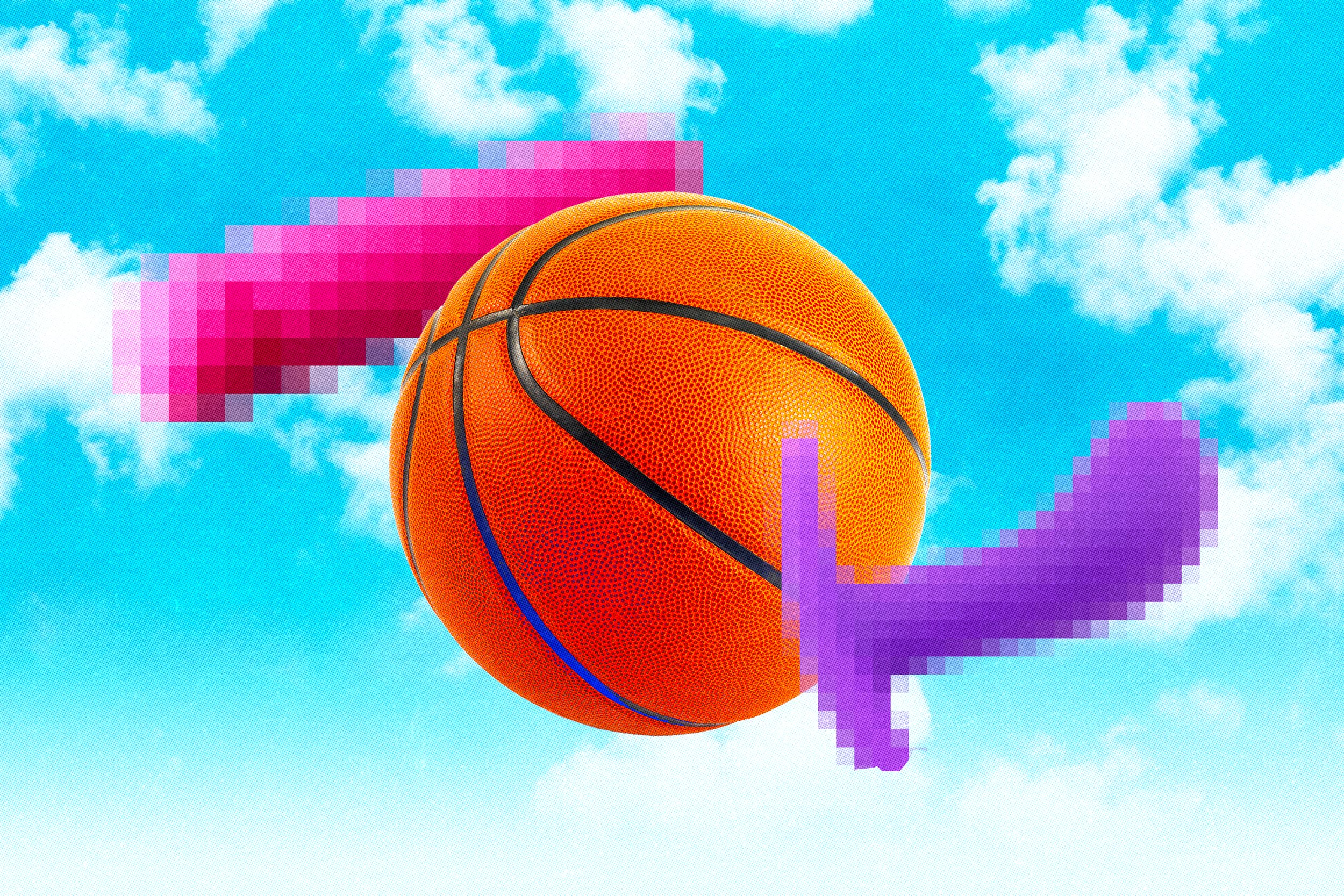 A digital illustration of a basketball floating in the sky with clouds and pixelated colorful bars in the background.