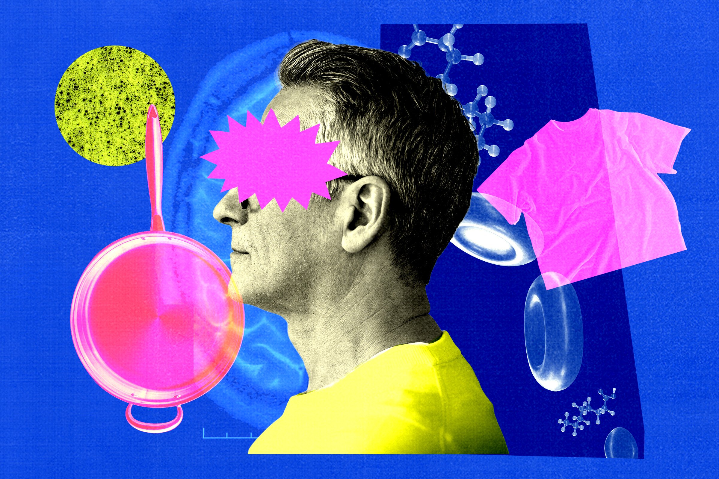 A collage of a man's profile with scientific and abstract colorful elements, including molecular structures, geometric shapes, and vibrant colors on a blue background.
