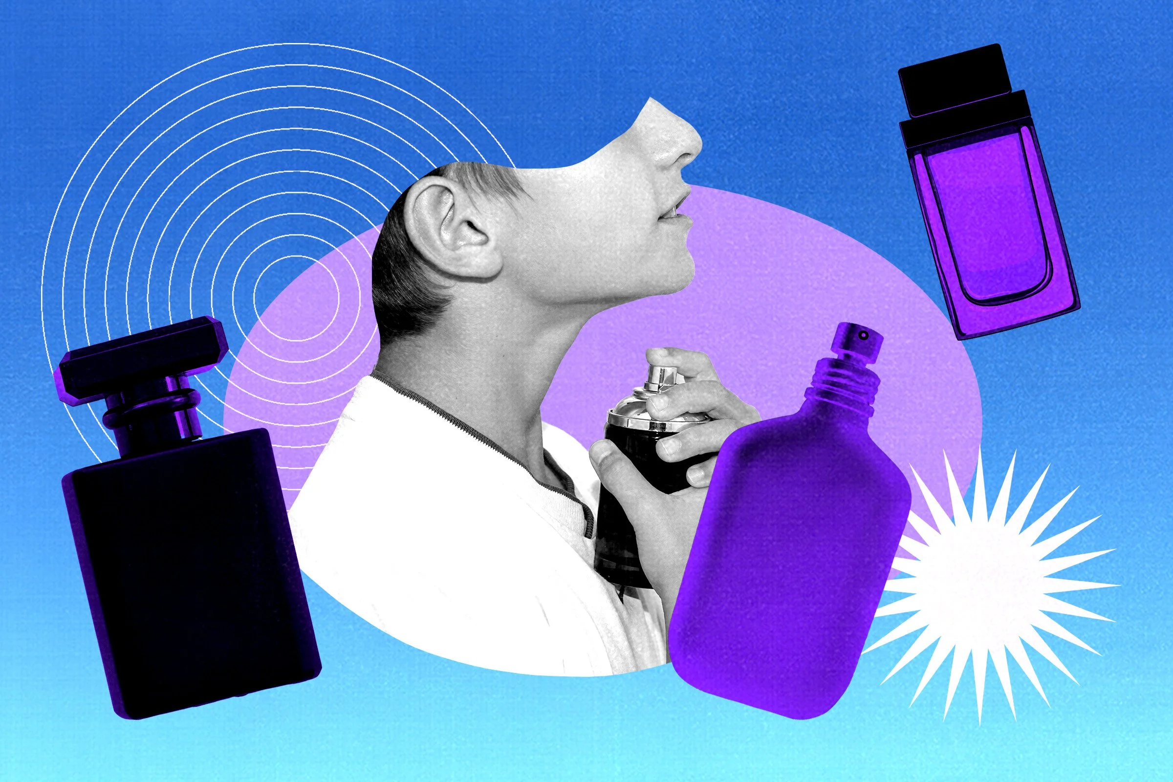 A collage featuring a grayscale profile of a woman holding a perfume bottle, with graphic elements of spray bottles, concentric circles, and a radiant starburst on a blue and purple background.