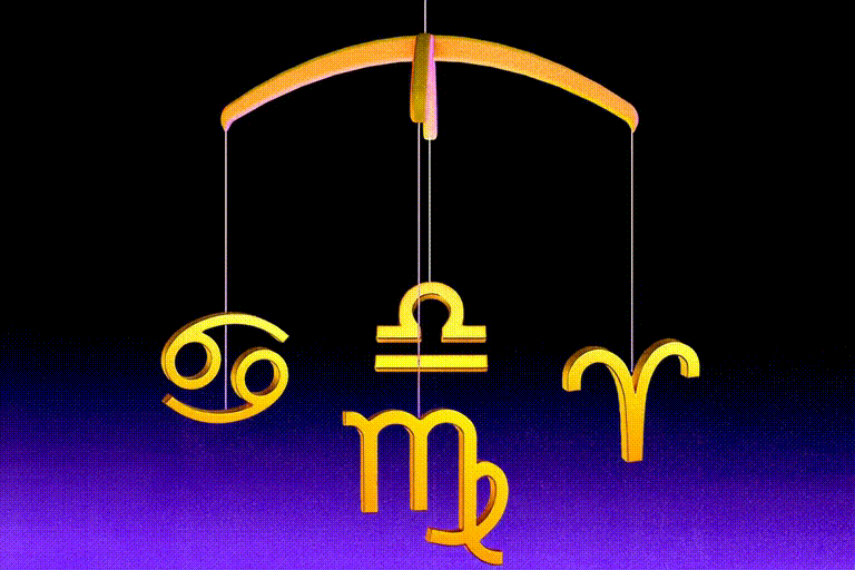 Astrological symbols for Virgo, Libra, and Leo hanging from a golden balance beam.
