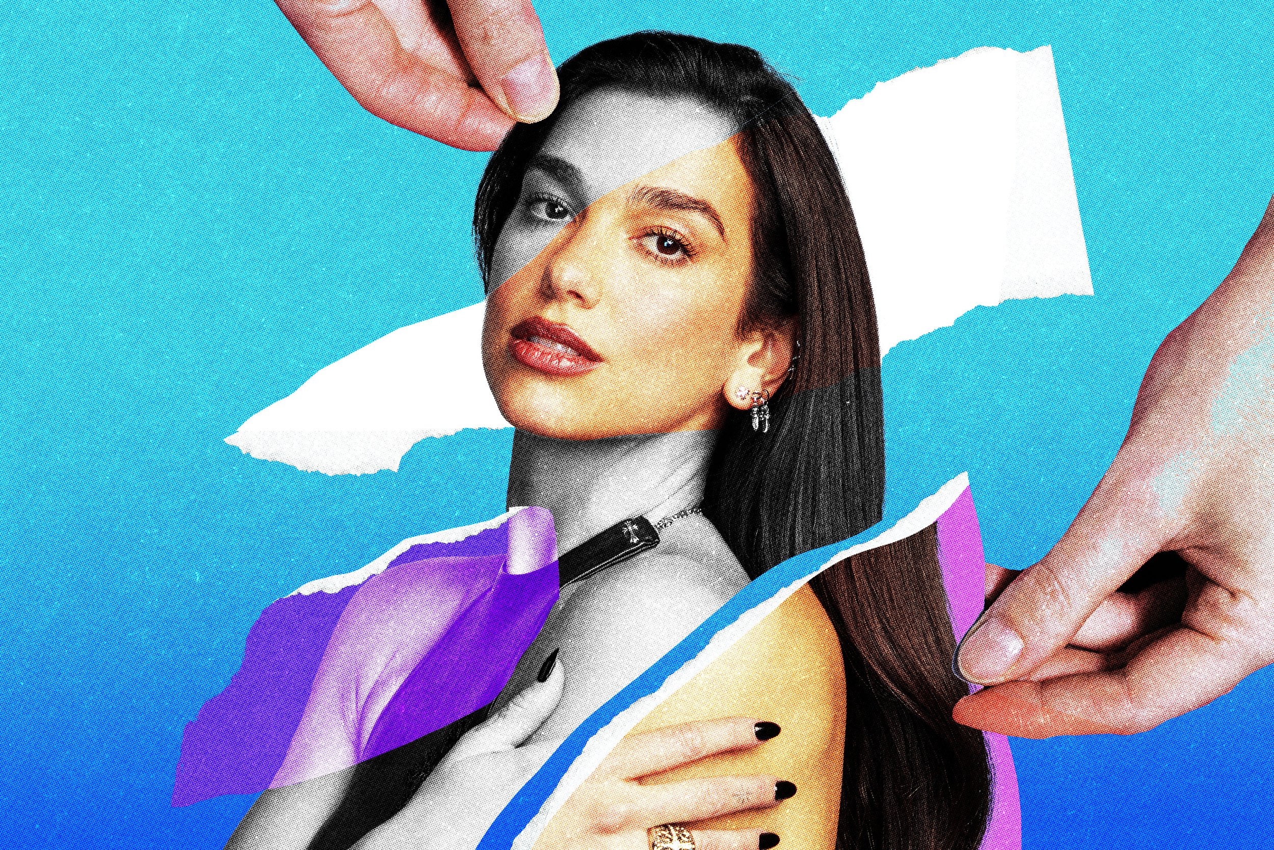 A close-up of a woman with dark hair, red lipstick, and earrings, holding a piece of torn paper in front of her face against a blue background with torn paper edges.