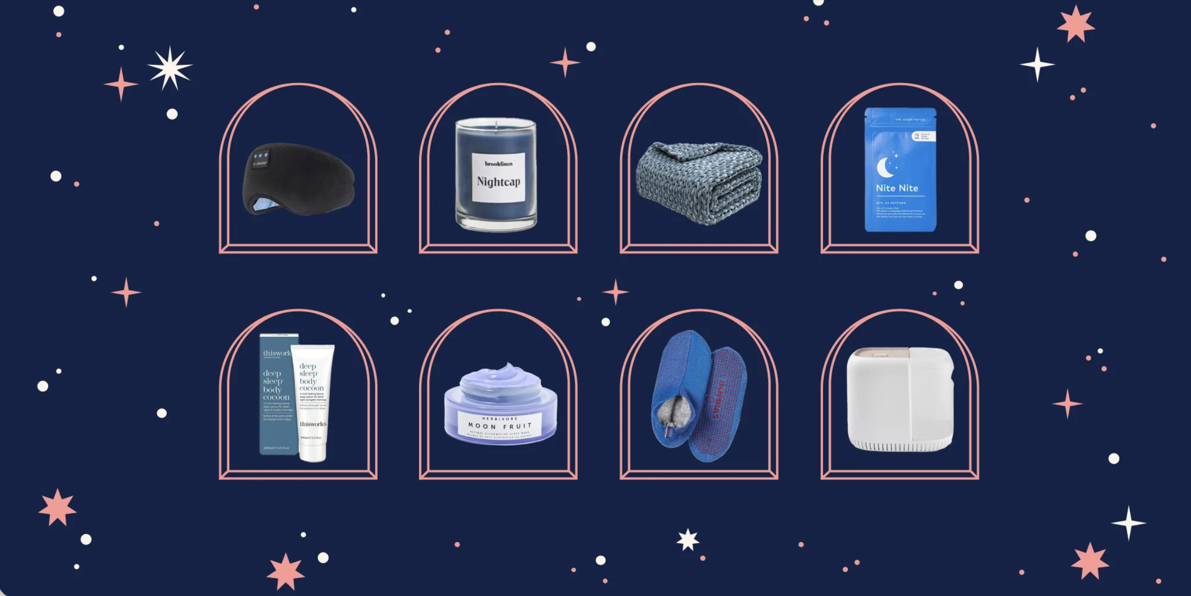 Collection of sleep and relaxation products such as eye mask, scented candle, blanket, sleep patches, skincare products, moon-shaped night light, slippers, and humidifier on a starry navy background.