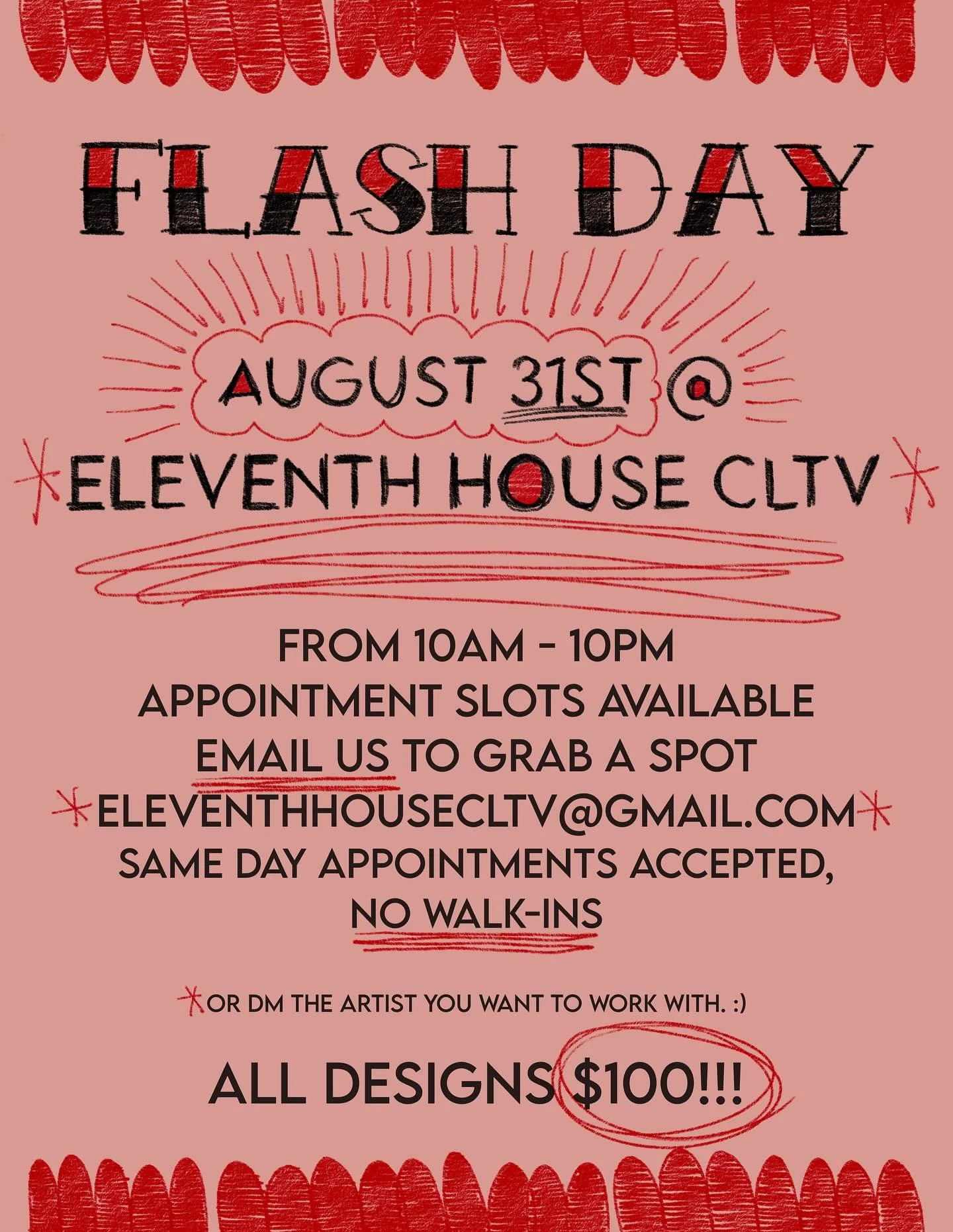 ✨FLASH DAY✨

THIS Sunday, August 31st @eleventhhousetattoo 
with
@sntnanyla.ink 
@ryan.inky 
@mortuarycowboy 
@eyesaliva 

Email us at eleventhhousecltv@gmail.com or reach out to the artist of your choice to book a time slot. Time slots are available