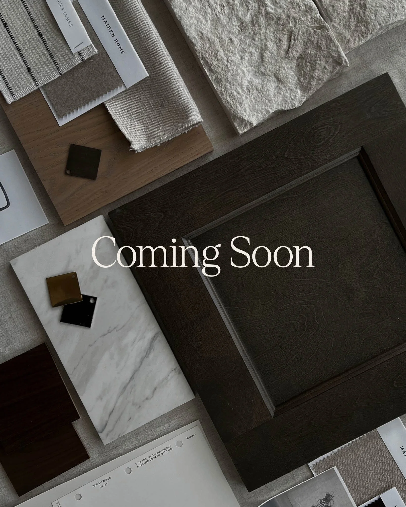 Collection of interior design materials including fabric swatches, wood samples, stone and tile pieces, with the text 'Coming Soon' overlayed in the center.