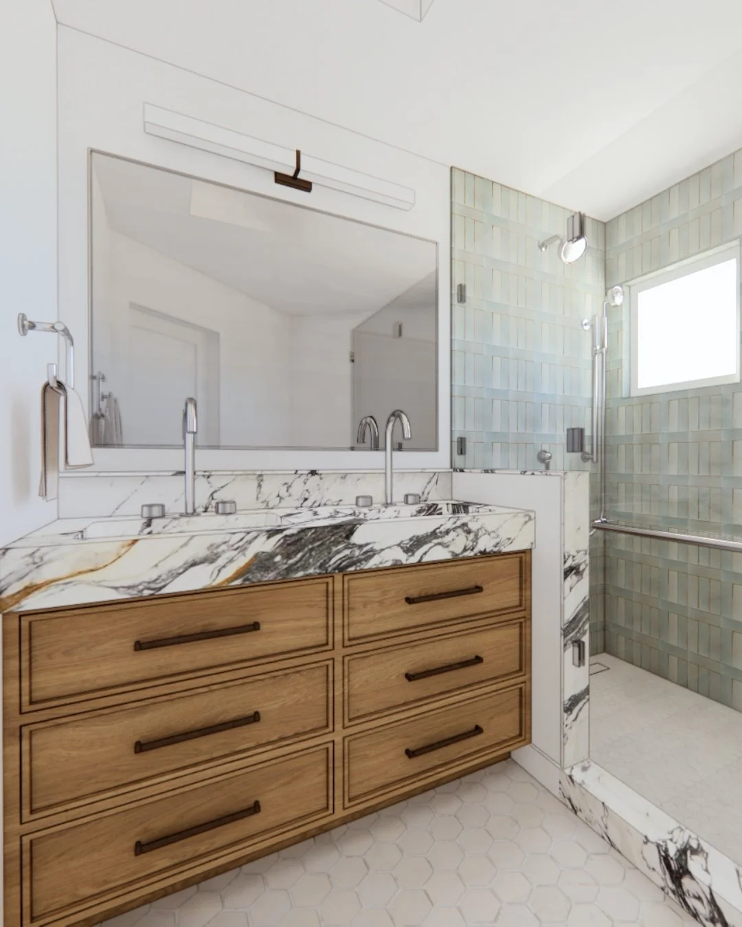 When your client asks for a bathroom design that is a bit coastal, contemporary, sleek, and timeless? Not a problem! ✨

#3drenders #interiordesign #designplanning #homedesign #designerguidance #homeinteriors #interiordesigneroc#bathroomdesign #bathro