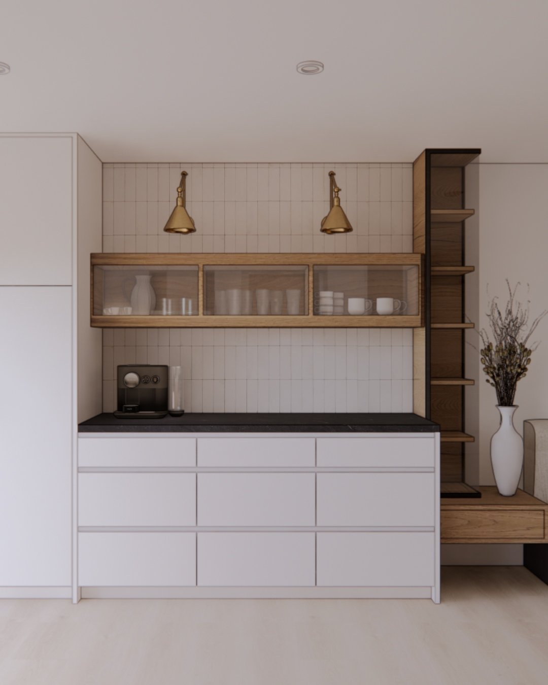 The cutest modern coffee station in an earlier project we did this year. Smoked glass, and white oak and brass for a warm and uplifting place to start your morning.

#kitchenremodel #coffeestation #breakfastnook #3drenders #interiordesignkitchen #kit