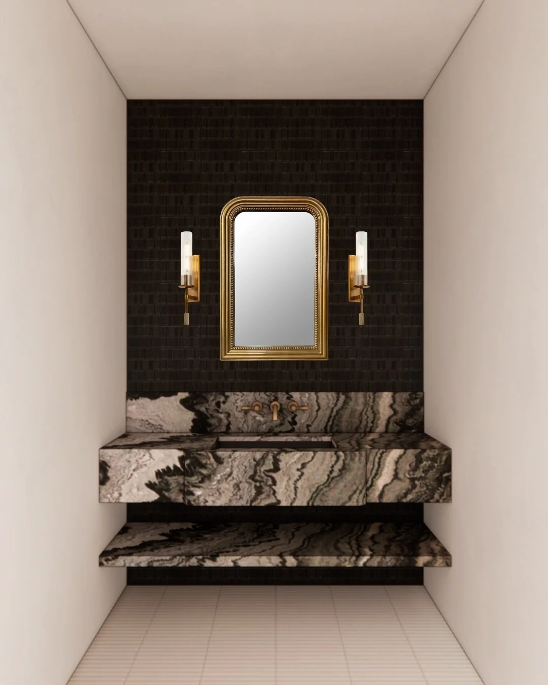 We found this wavy quartzite and fell in LOVE! Its movement brings elegance, mood, and visual interest&mdash;exactly the statement we were going for in this powder bathroom.