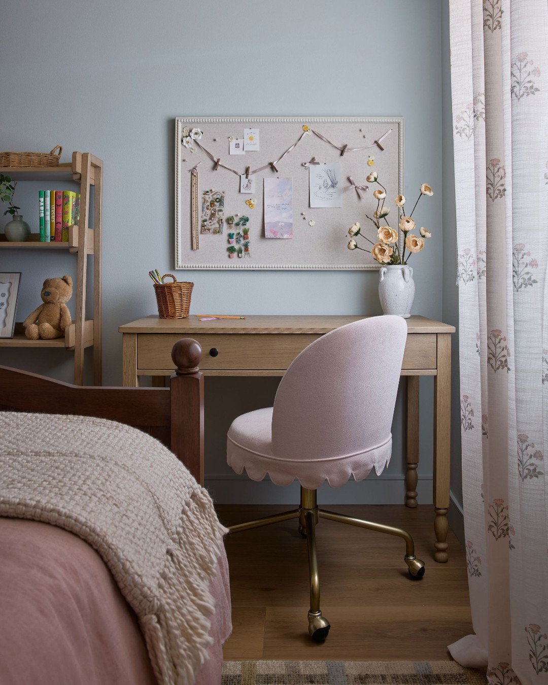 A thoughtfully designed space for a special girl&mdash;layered with beautiful color and timeless charm. Designing this bedroom was such a joy, especially getting to play with color, prints, and textures to create a space that feels both fun and endur