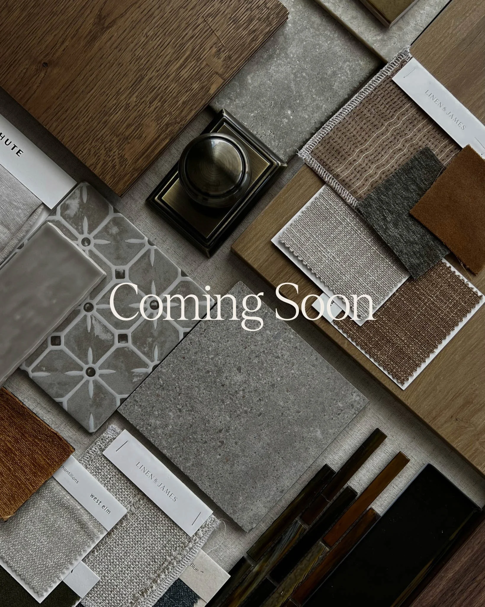 Assorted design materials including wooden panels, textile swatches, tiles, a doorknob, and a "Coming Soon" text overlay.