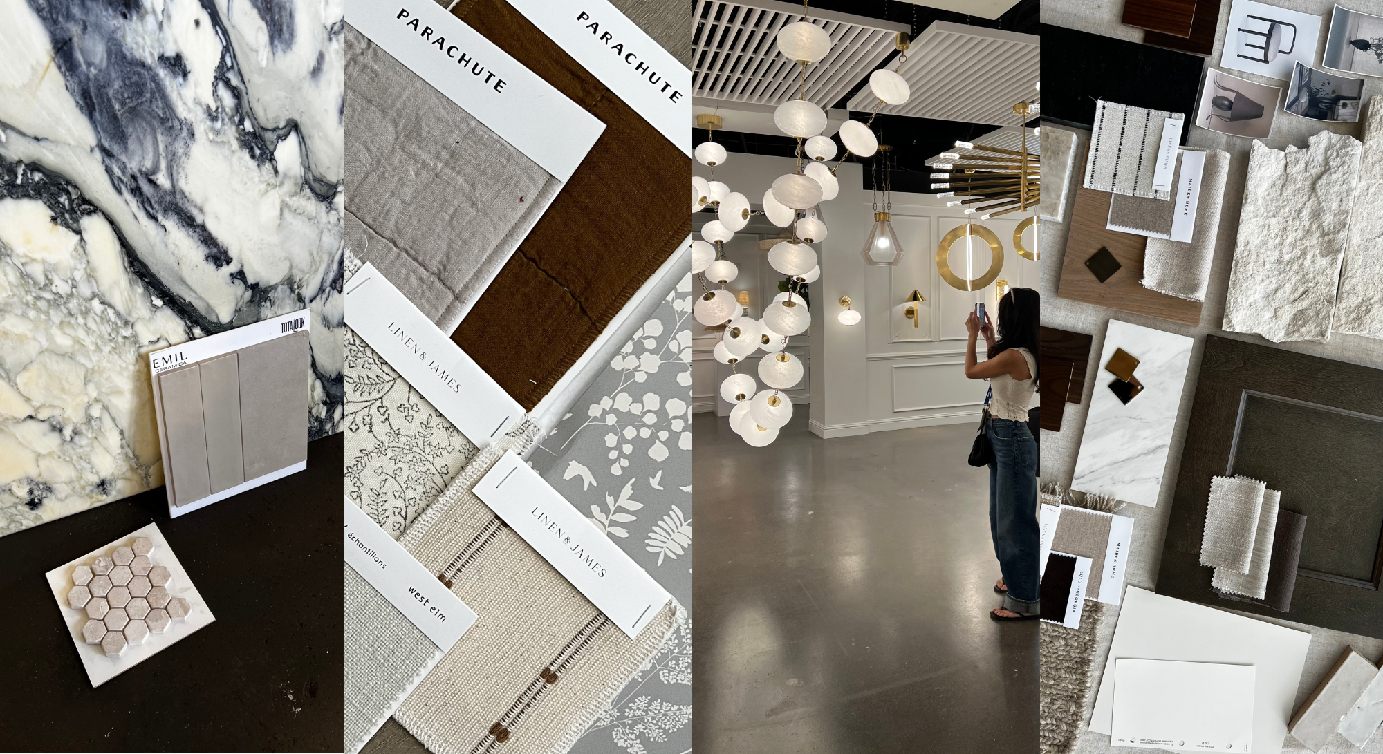 Image of marble slab, tiles, fabrics, lighting and samples.