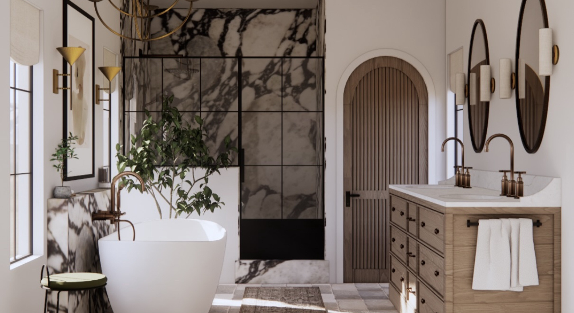 Bathroom with arched door, marble shower, white tub, and white oak vanity.