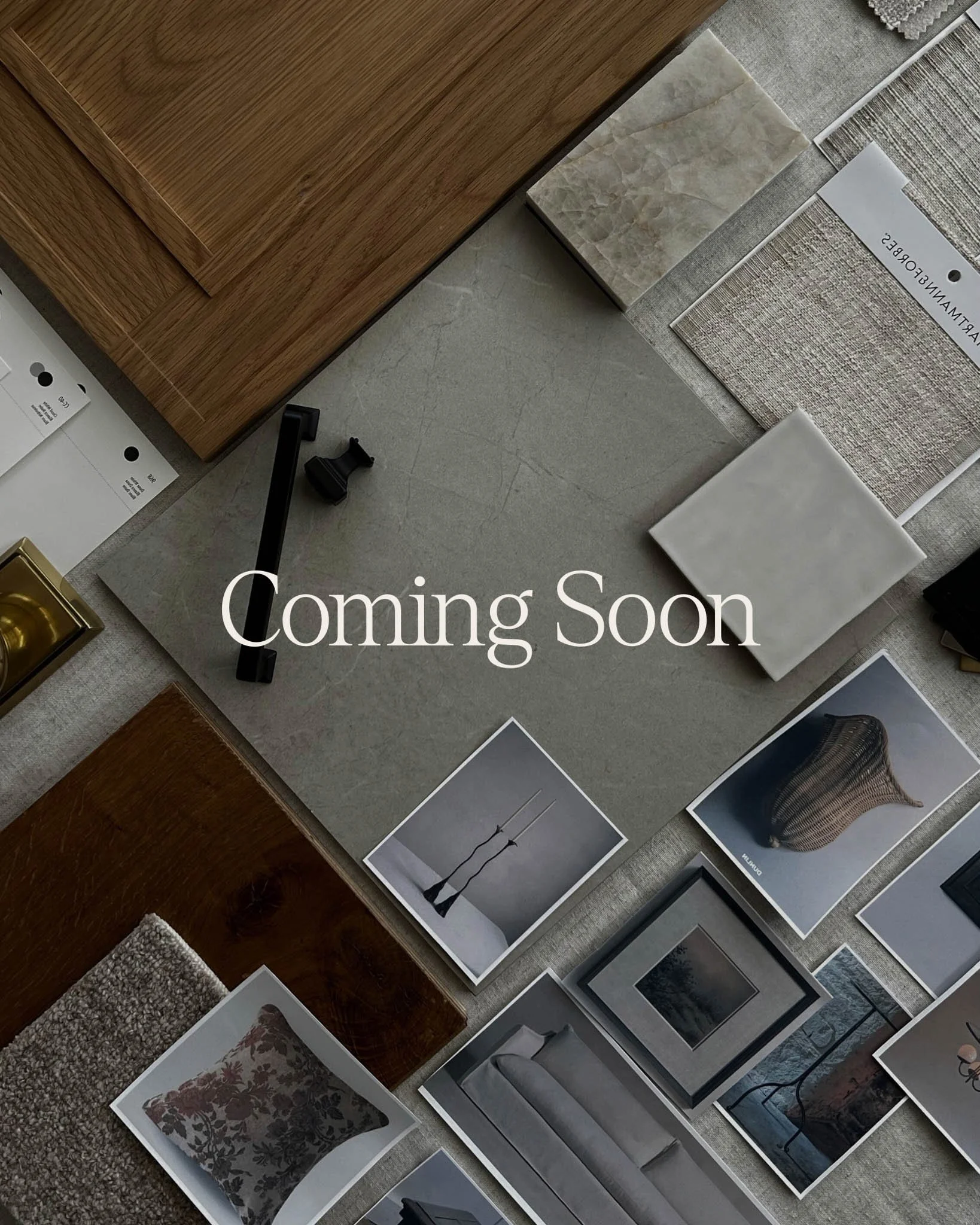 Interior design mood board with wood, stone, fabric samples, photos, and text "Coming Soon."