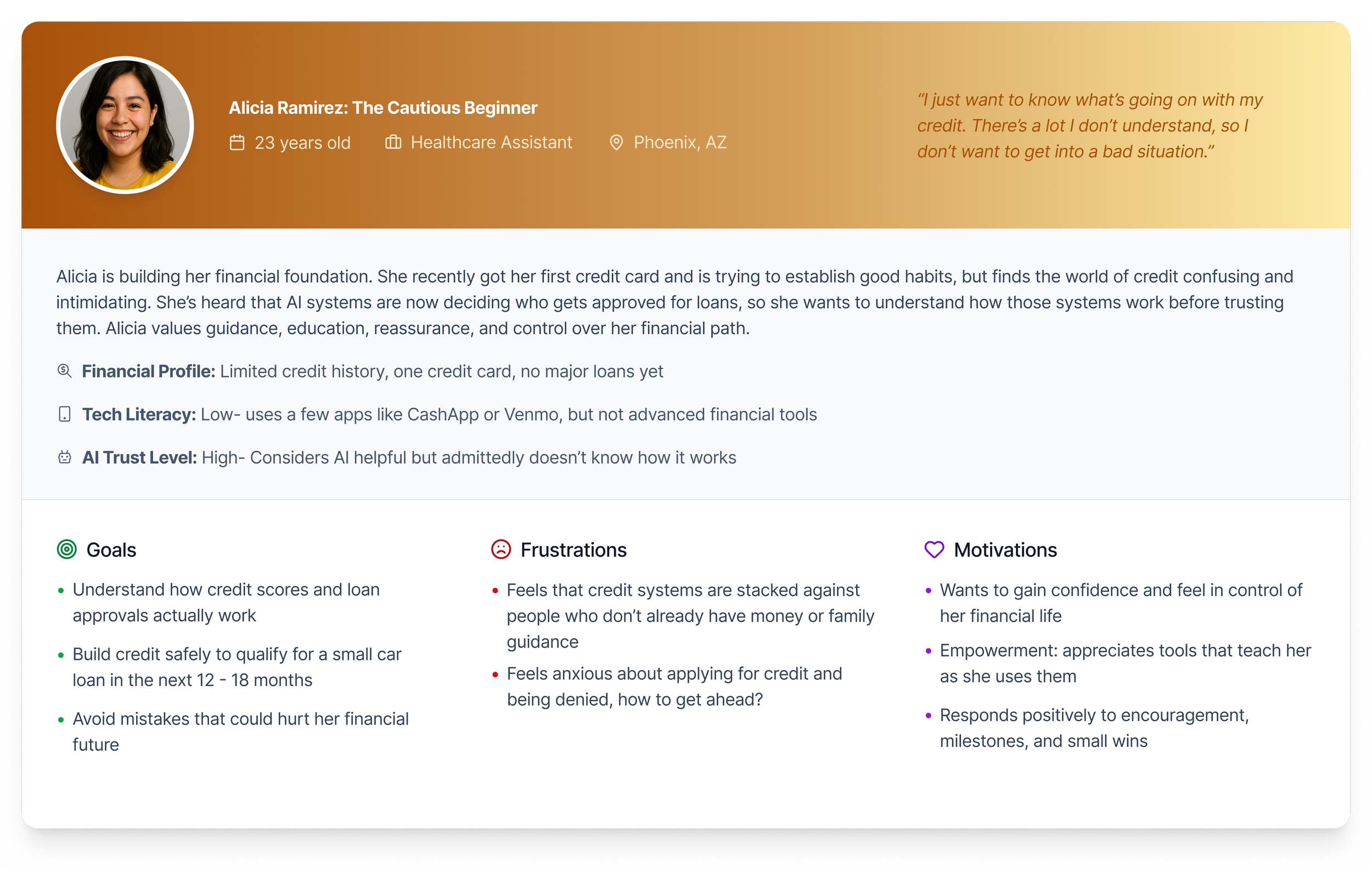 user persona of "the cautious beginner," a skeptical individual new to managing finance and looking to learn, build credit, and avoid financial mistakes