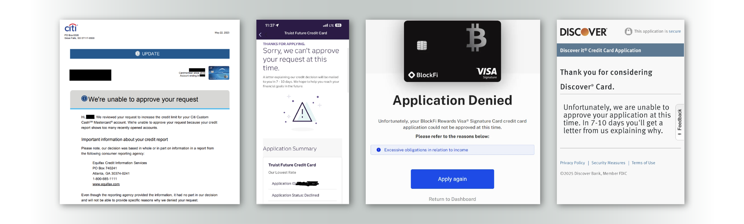 Screenshots of credit card application and denial notifications, including Citi, Truist, BlockFi, and Discover.