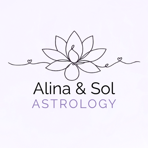 Logo with a lotus flower design and the text 'Alina & Sol Astrology' underneath.