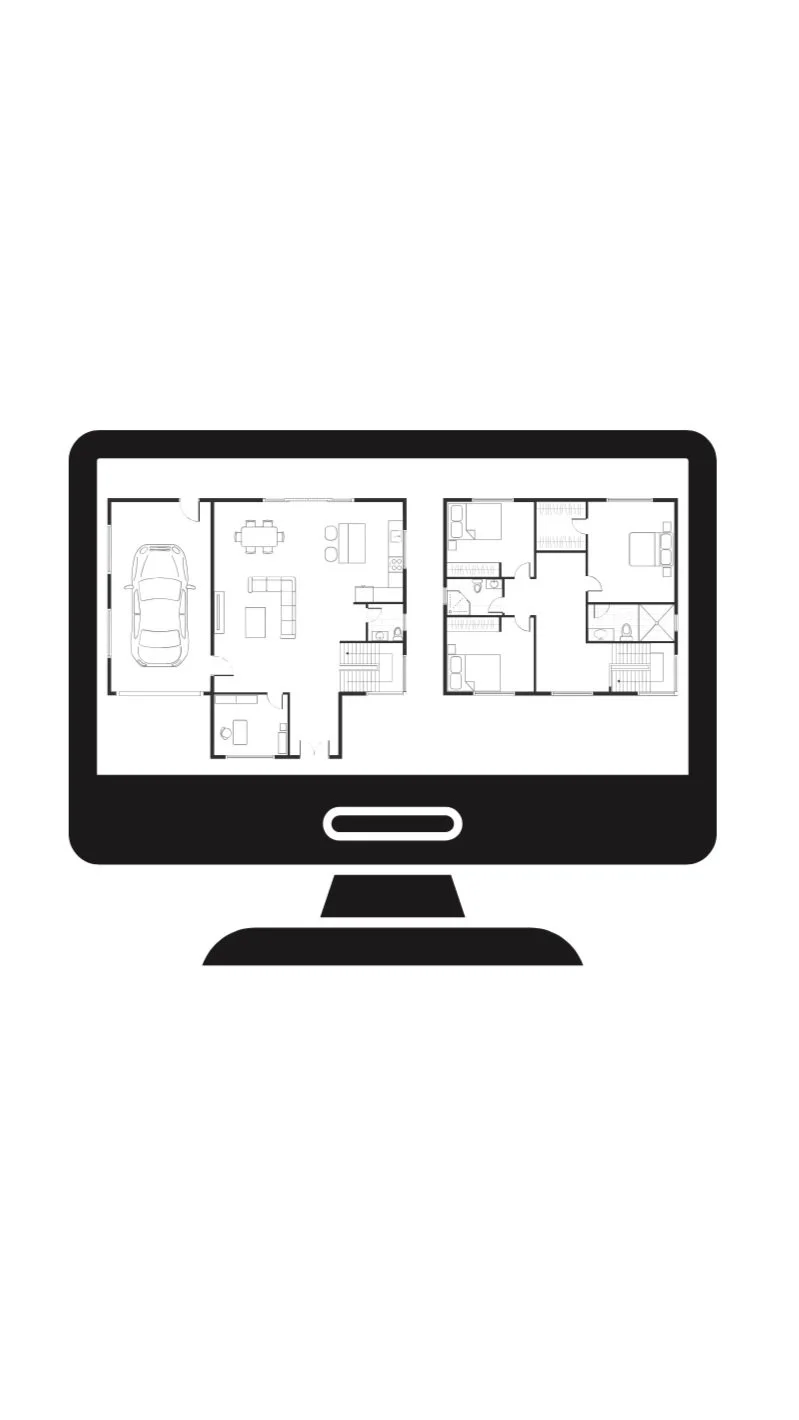 Floor plan displayed on computer monitor, featuring garage, living areas, and bedrooms.