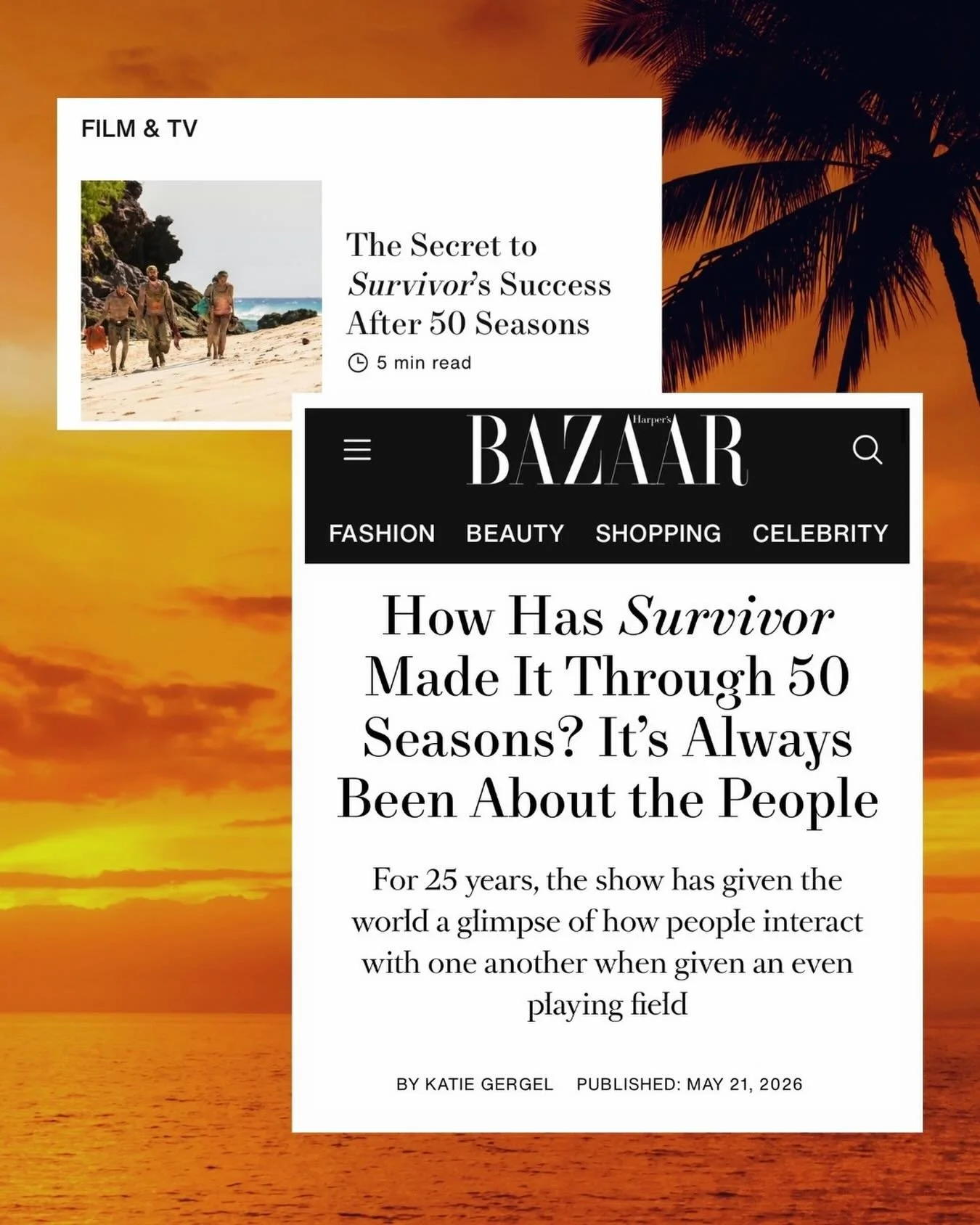 Surprise!!! I wrote an article for @harpersbazaarus about Survivor and how it has outwitted, outplayed, and outlasted for 50 seasons 🧡🏝️ (🔗 in bi0)

If you know me, you know how Survivor has shaped my life. Grateful for opportunities to write abou