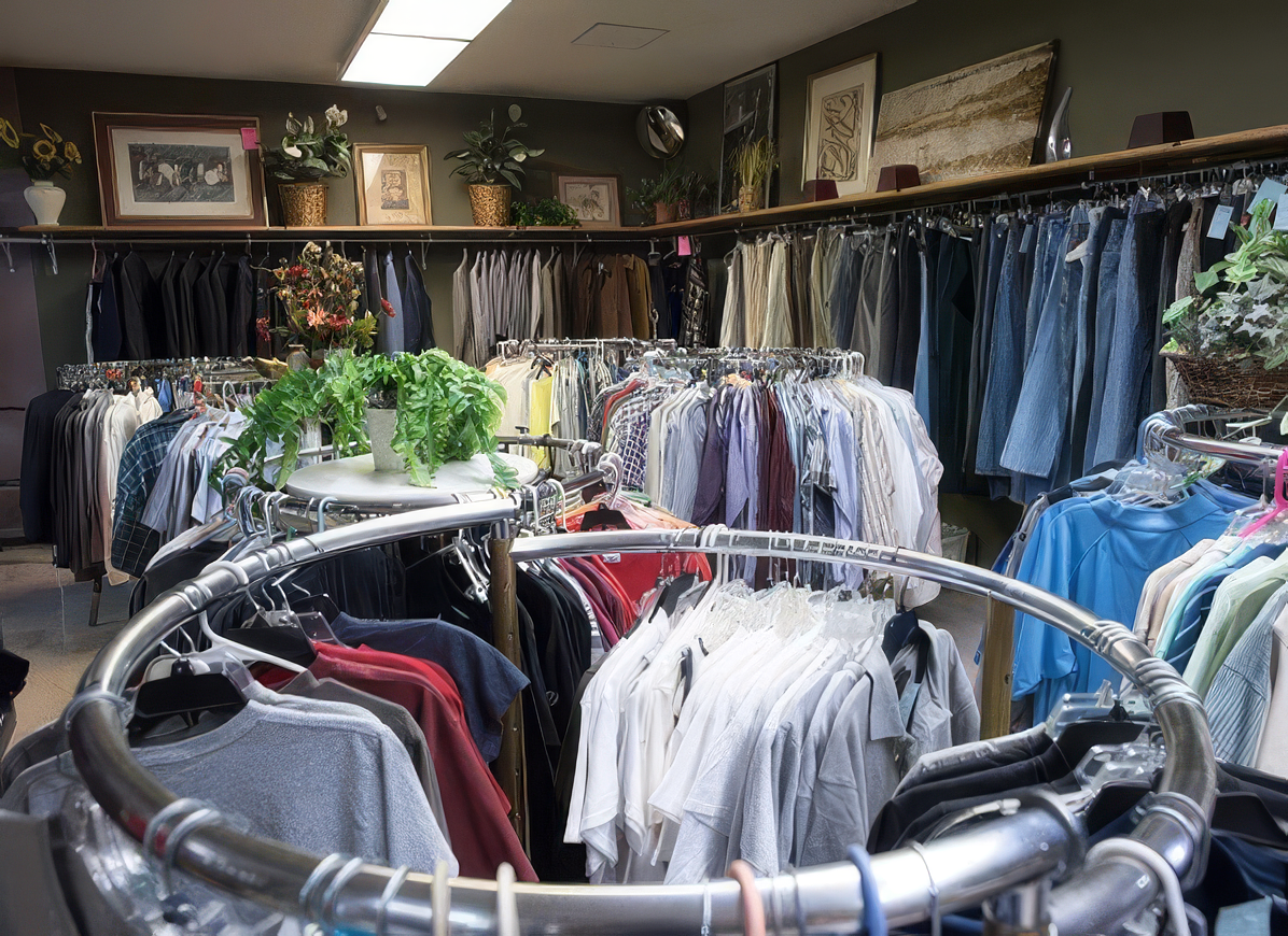 Clothing store with racks of men's shirts, pants, and jackets, decorative plants, and framed artwork on the wall.