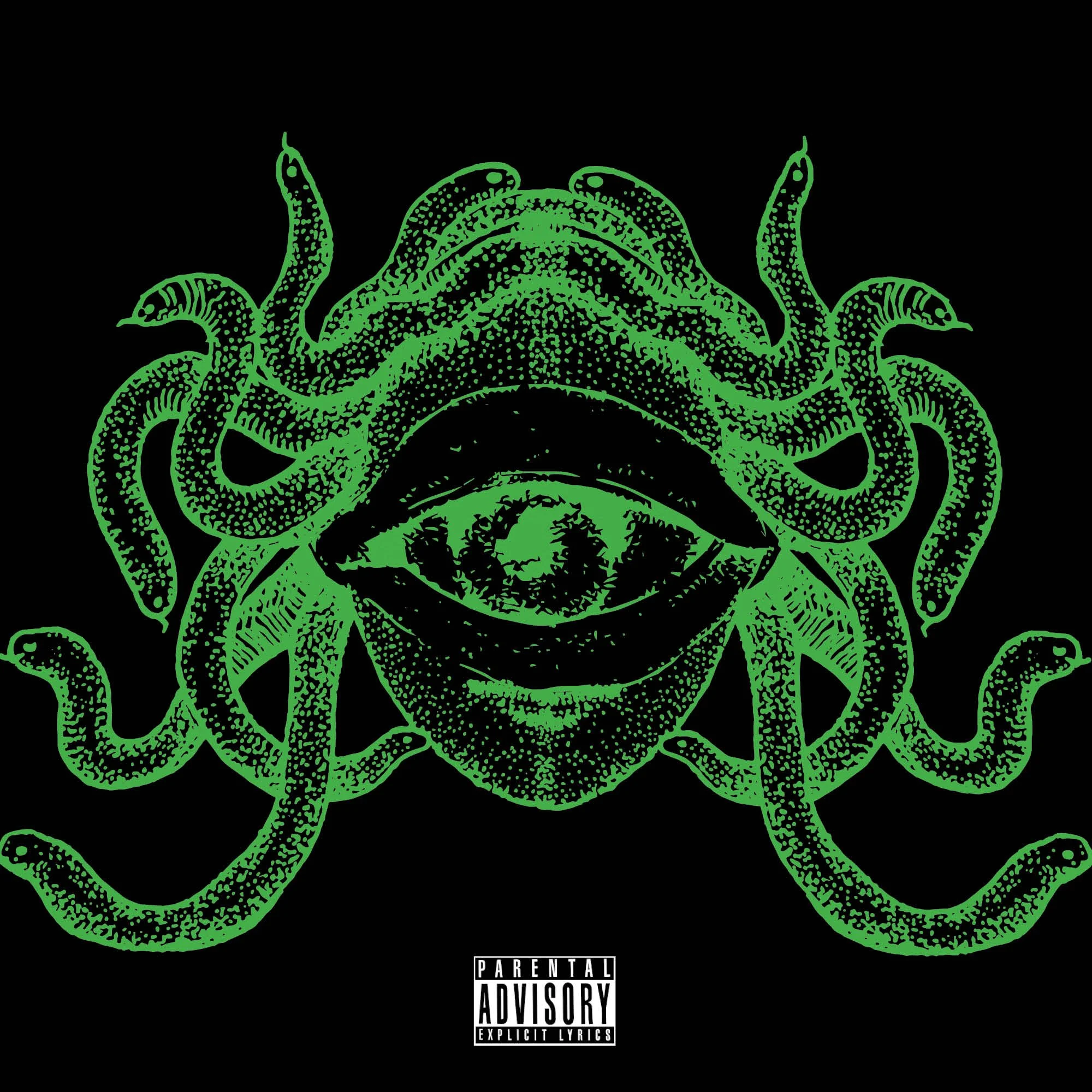 Green vintage-style illustration of a frog surrounded by snakes on a black background, with an explicit lyrics parental advisory label.