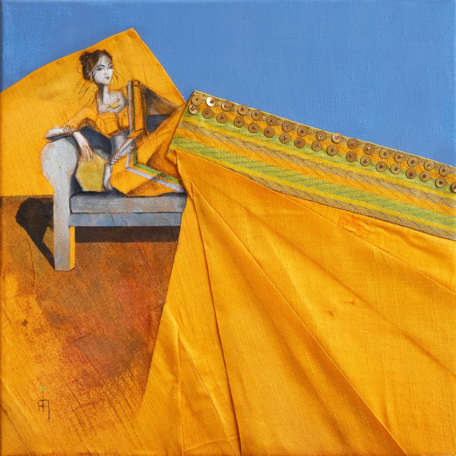 Her Muse-Rescued fabric &Acrylic on canvas-14"X14"-$690