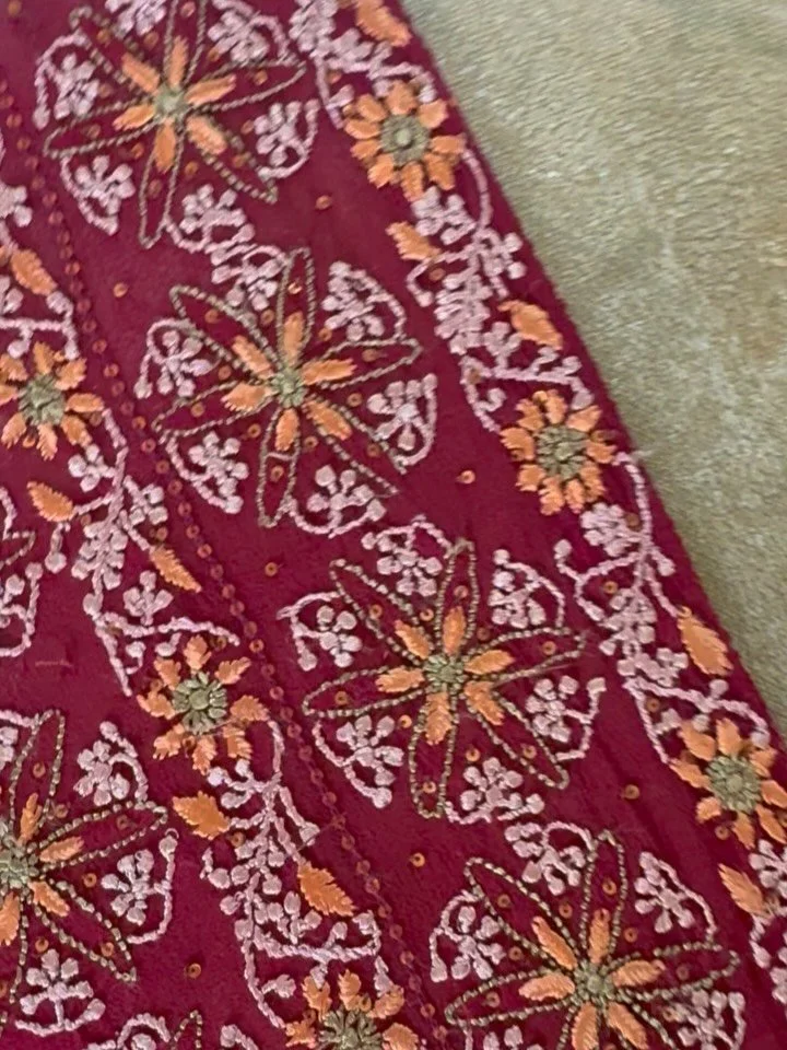 Some of you have been messaging me about my new works. I thought of posting little about the two works in my studio 

First carry contemporary chikankari hand embroidery work. Since rescued fabric chooses me, I am excited to use the Maroon color pall