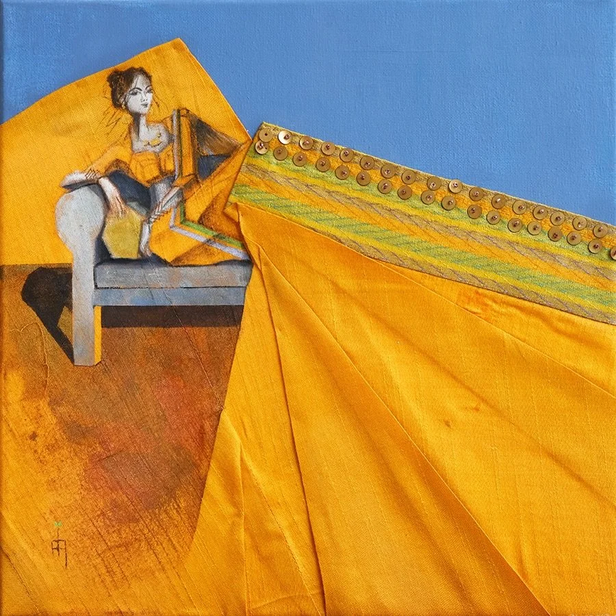 Her Muse
Rescued Kurti (Indian shirt) &amp; acrylic
14&rdquo; &times; 14&rdquo; (16&rdquo; &times; 16&rdquo; with frame)
Price on request

This mustard-yellow work in silk cotton is created from a rescued Kurti. This piece pushed me to think outside 