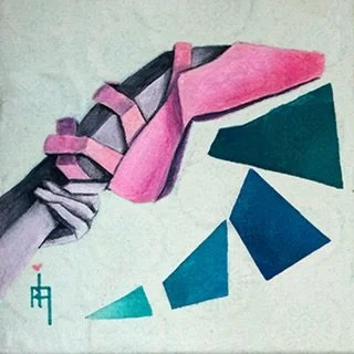 6&rdquo;X6&rdquo;
Enchanted 
Acrylic on an Indian rescued fabric
Price on Request 

Enchantment off the cubic Ballerina shoe in pink against muted sea green background 

Experimenting continues with various Indian rescued fabric that I would love to 