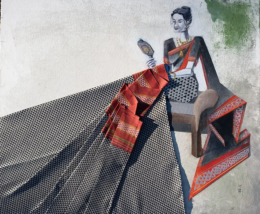 Draped in your love-2-Rescued fabric & Acrylic on canvas- 24"X20"- $1090