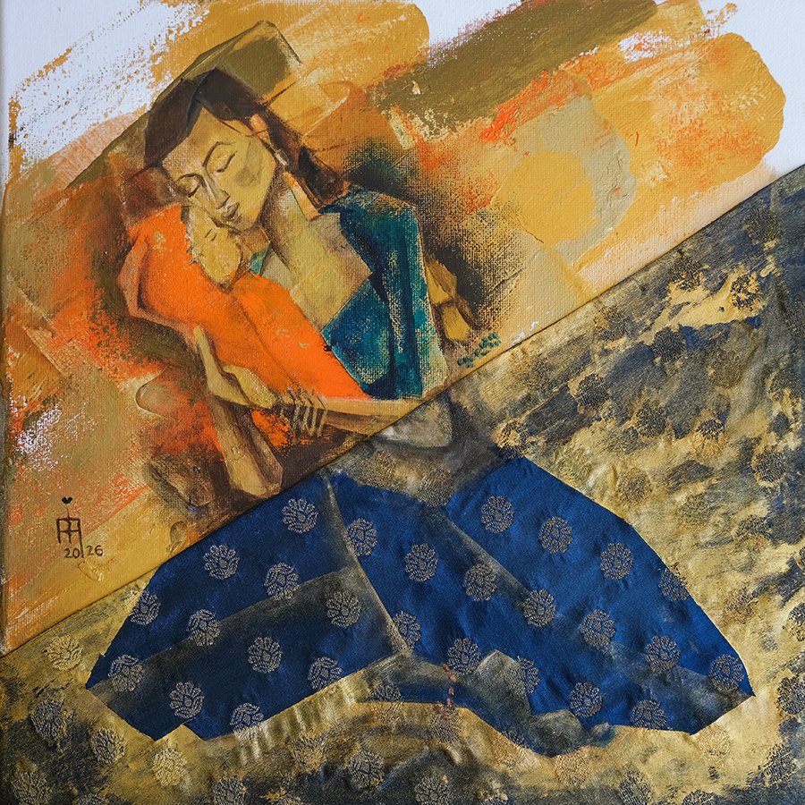 Holding a universe-Silk Brocade & Acrylic, 12"X12", $625