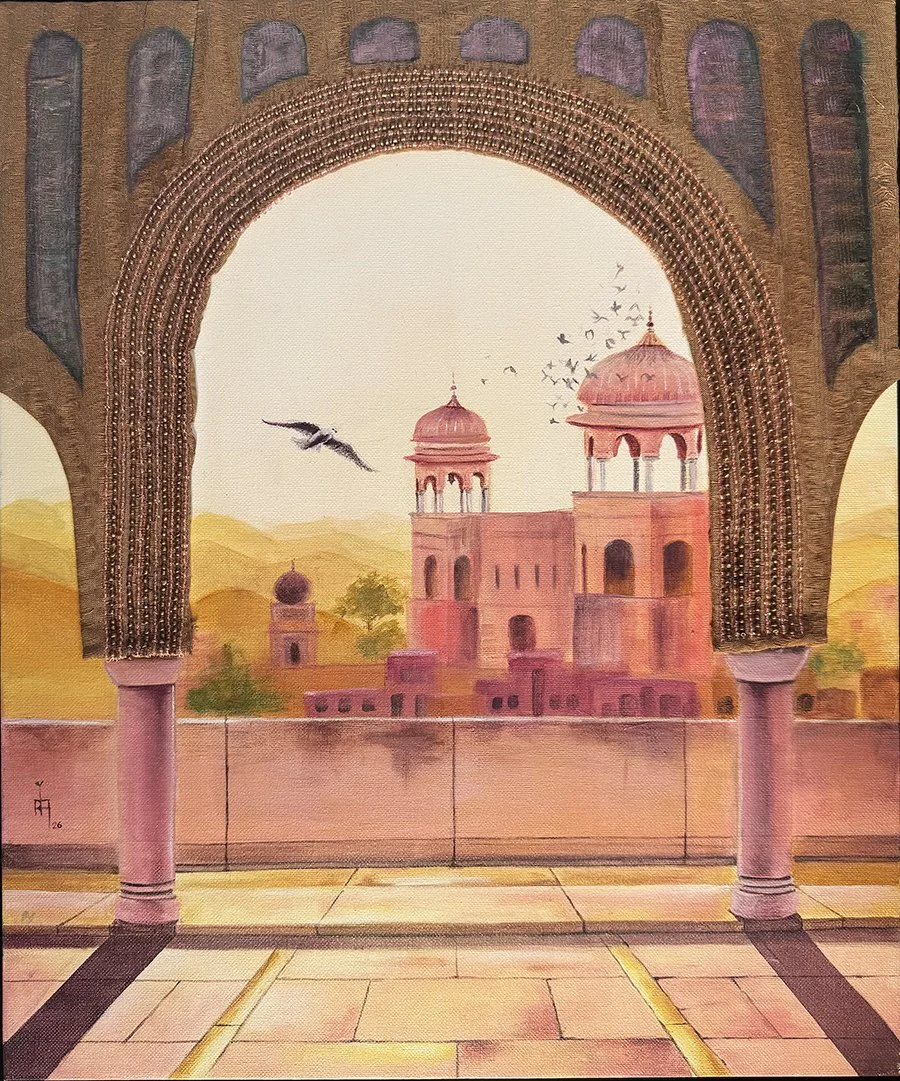 Through my woven Arch-hand bead embroidery, rescued fabric & Acrylic, 16"X20", $870