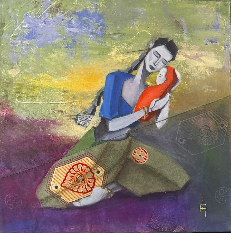 Holding the universe 2-Rescued fabric &Acrylic on canvas-14"X14"-$690
