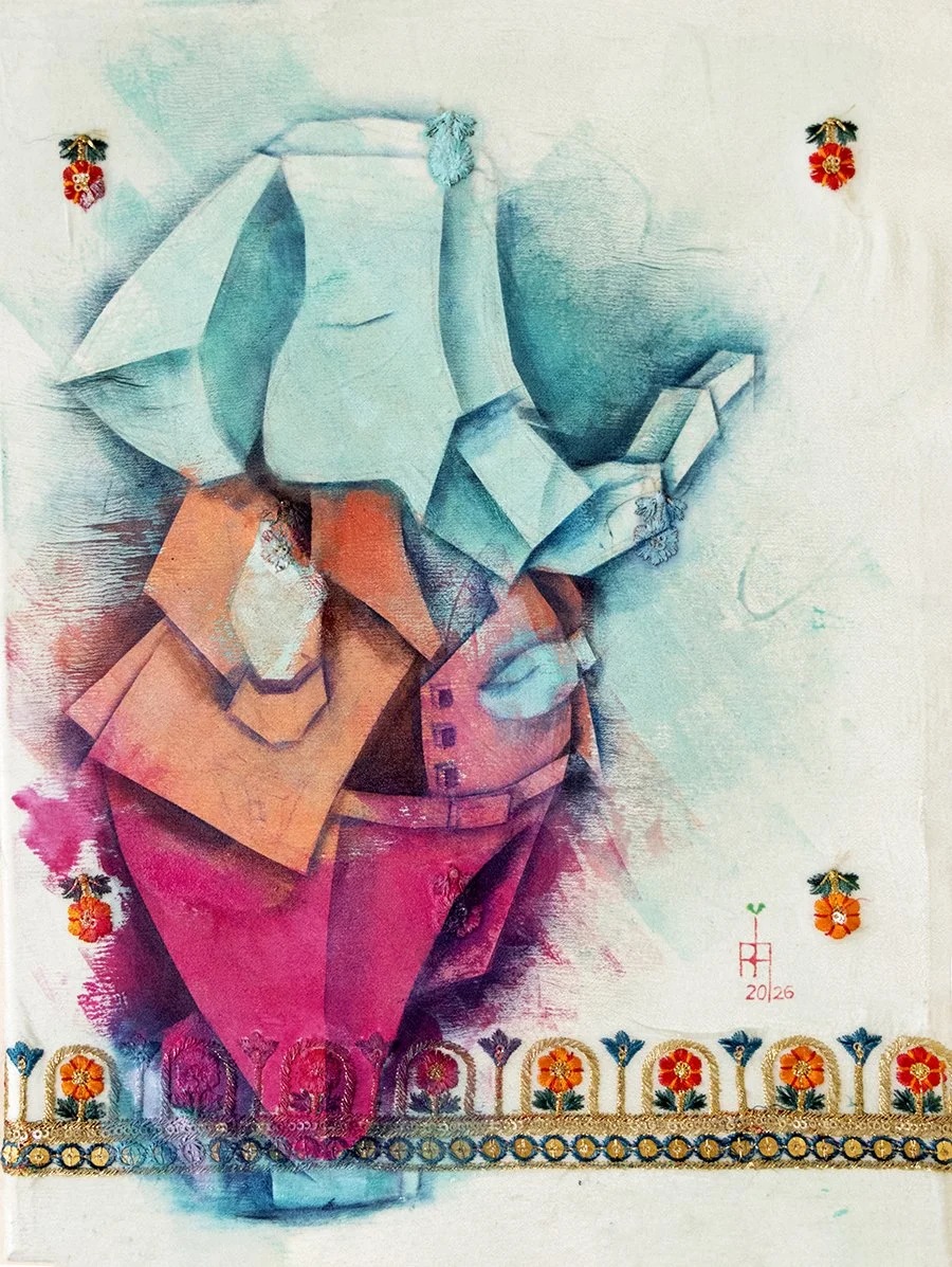 My buddy in Pink pants-ria-sharma-geometric-textile-painting-superfine-fair.jpg