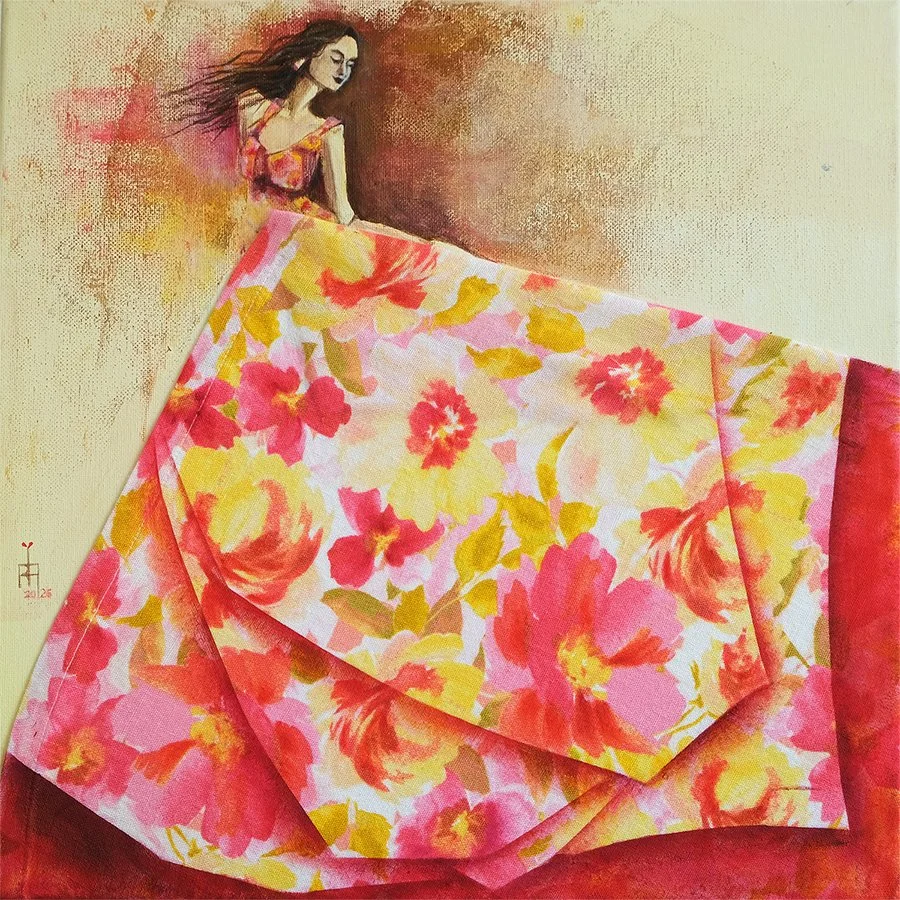 She is the dance 2-Rescued fabric &Acrylic on canvas-14"X14"-$690