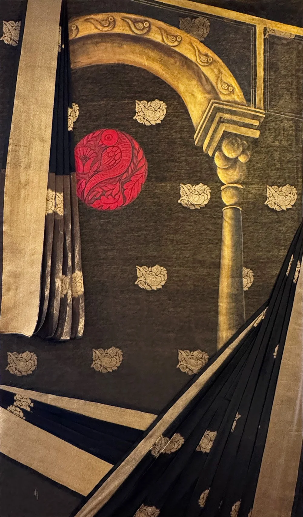 Inner Landscape, Acrylic on vintage saree, 36"X60", $3985