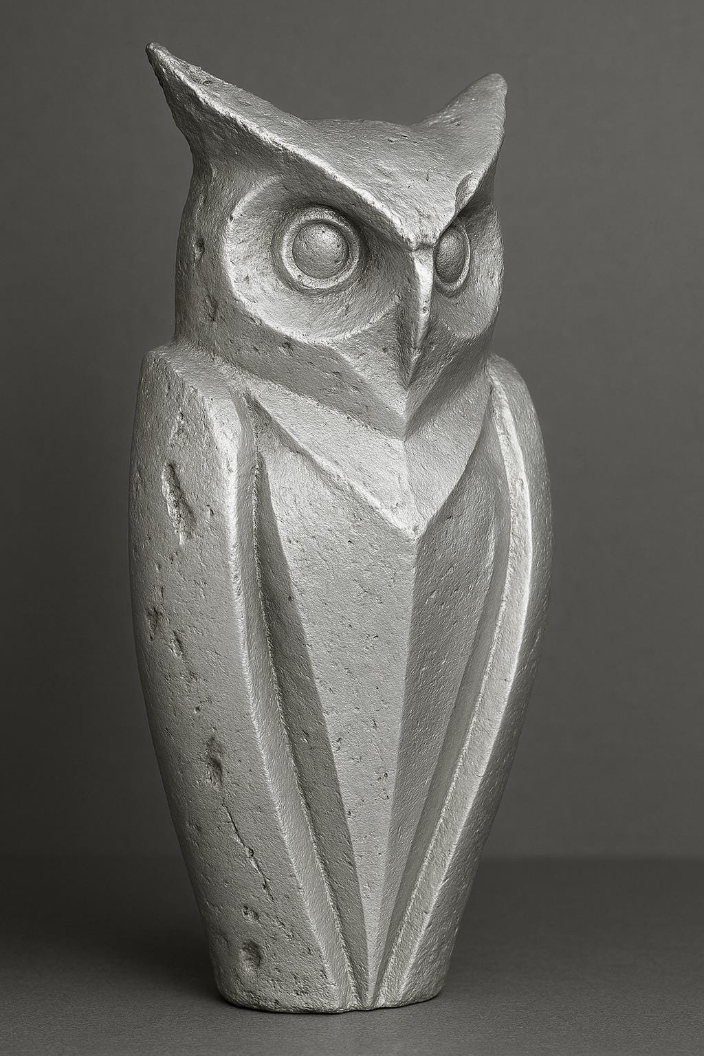 Front view of modern cast aluminum owl statue with geometric design. Solid metal, minimalist decor for contemporary or fantasy interiors.