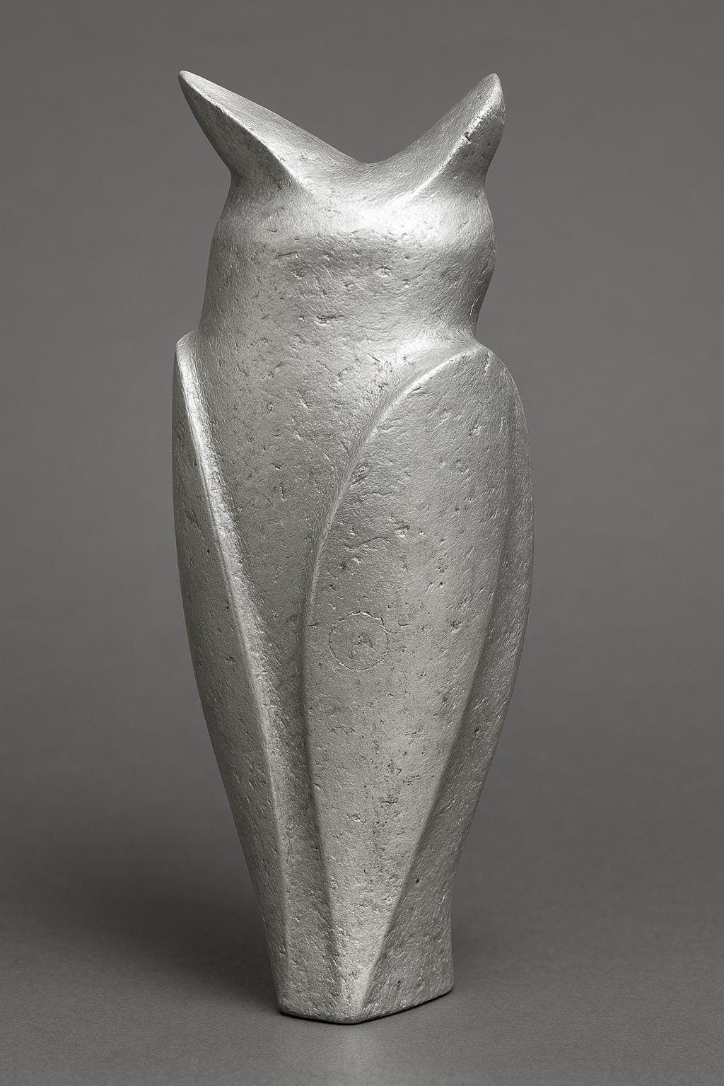 Back view of modern owl statue in solid aluminum. Handcrafted metal art with clean lines for stylish, symbolic home or office display.