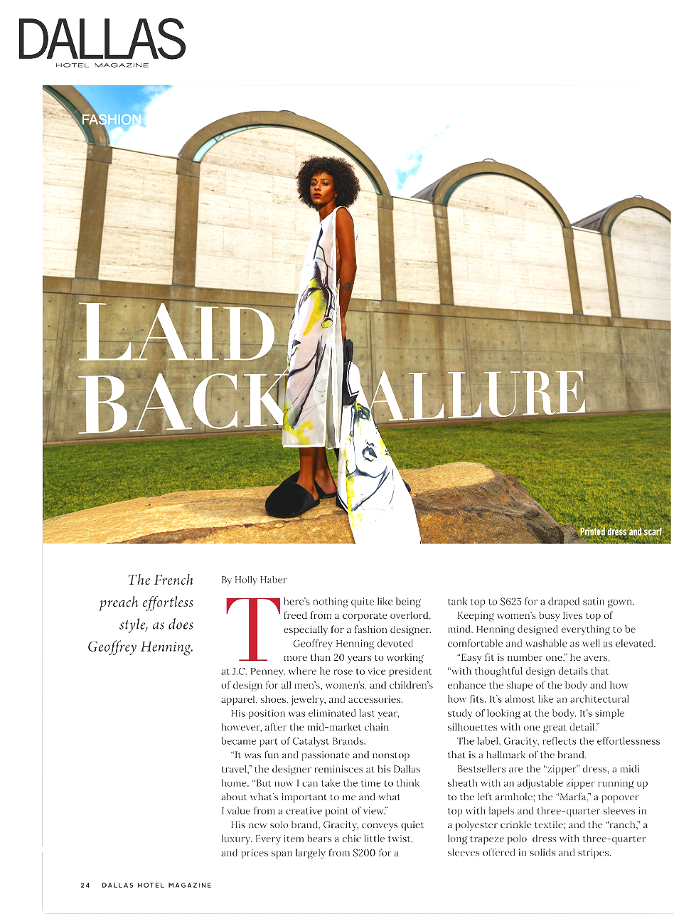 Cover of Dallas Hotel Magazine featuring a woman standing outdoors in a printed dress and scarf in front of a concrete wall with arch design, with large text reading "Laid Back Allure."