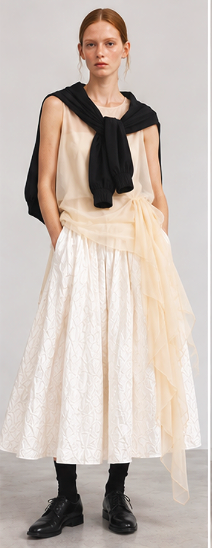 Fashion model standing in neutral studio setting, wearing a sleeveless beige dress with a black sweater draped over shoulders, a cream-colored tulle skirt, black socks, and black combat boots.