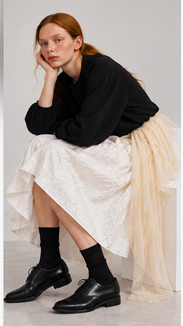 Young woman with red hair sitting on a stool, wearing a black long-sleeve top, a white textured skirt, black socks, and black shoes, against a plain gray background.