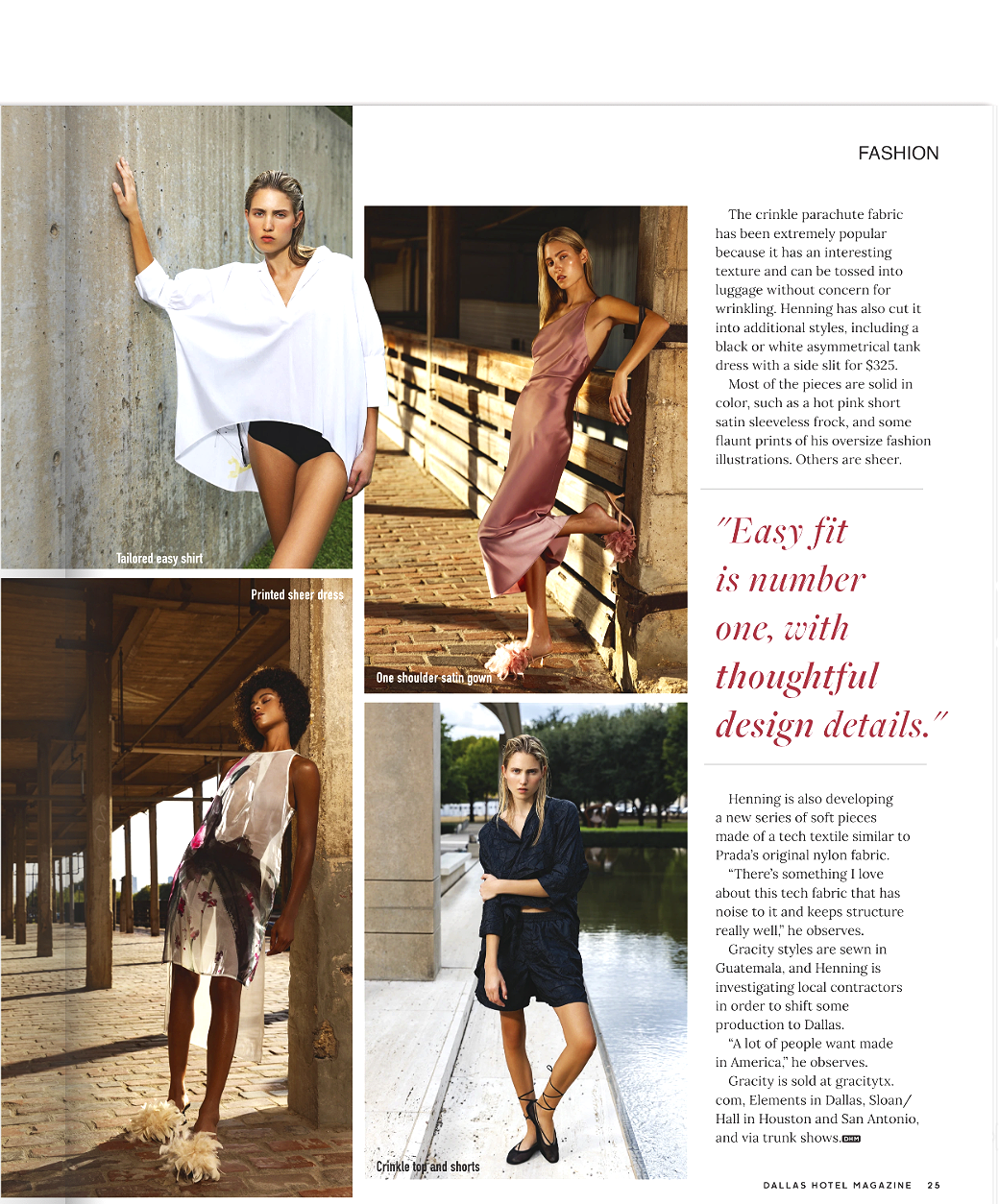 A fashion magazine page featuring four models wearing various dresses and outfits, with text discussing fashion styles and details.
