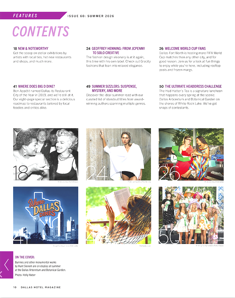 Magazine contents page with feature article titles, pages, and related images, including women, cityscape, book, and outdoor scenes.