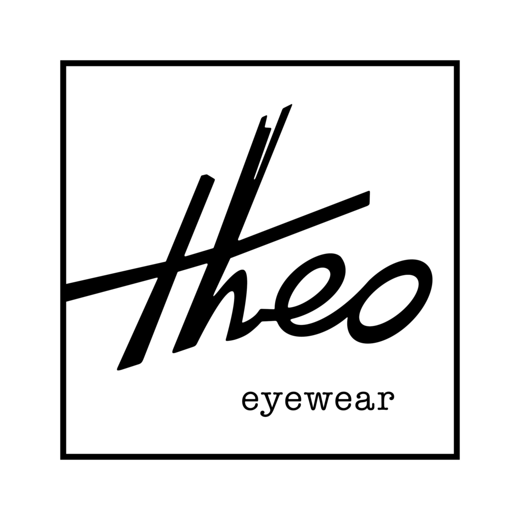 Logo de la marque Théo Eyewear avec le texte Théo en script stylisé et eyewear en minuscules sous le nom