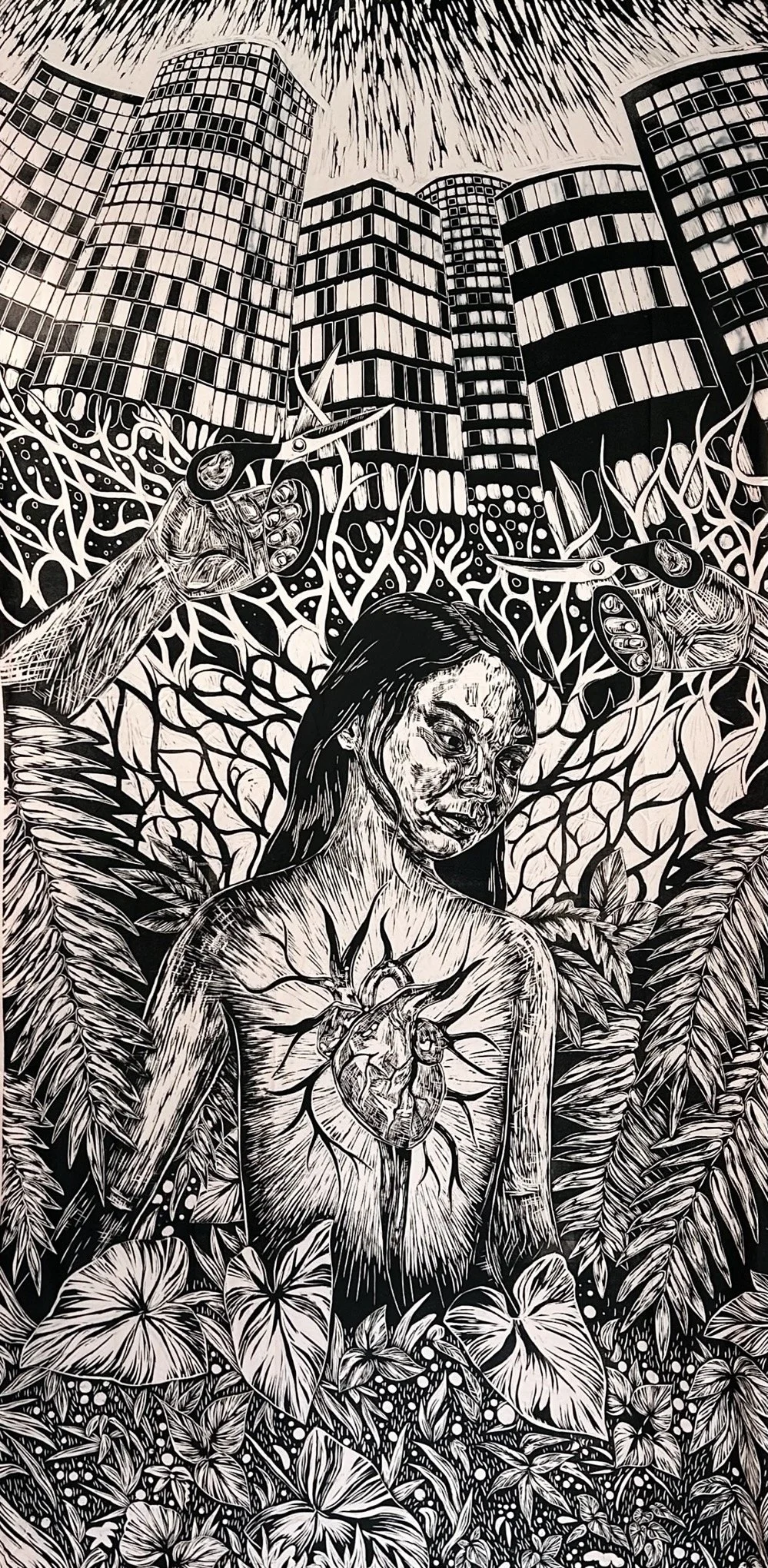 "Cutting Ties"
woodblock print on cotton sheet
48"x96"