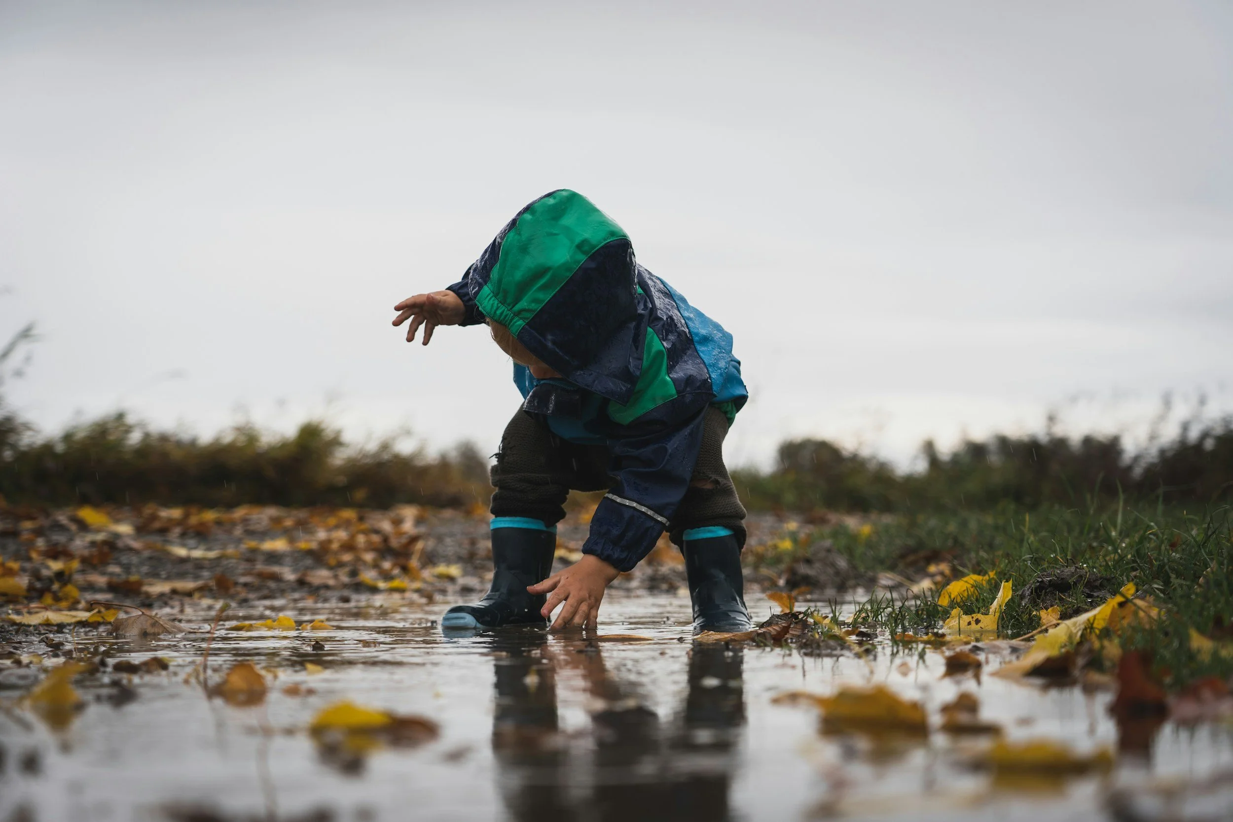A young child dressed in a colorful raincoat and boots bends down to touch a puddle on the ground, with fallen leaves scattered around in a natural outdoor setting during rainy weather.