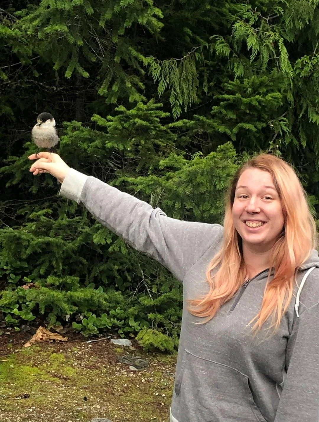A woman with long pink hair smiling, pointing with her arm extended, with a small bird perched on her hand, surrounded by green foliage.