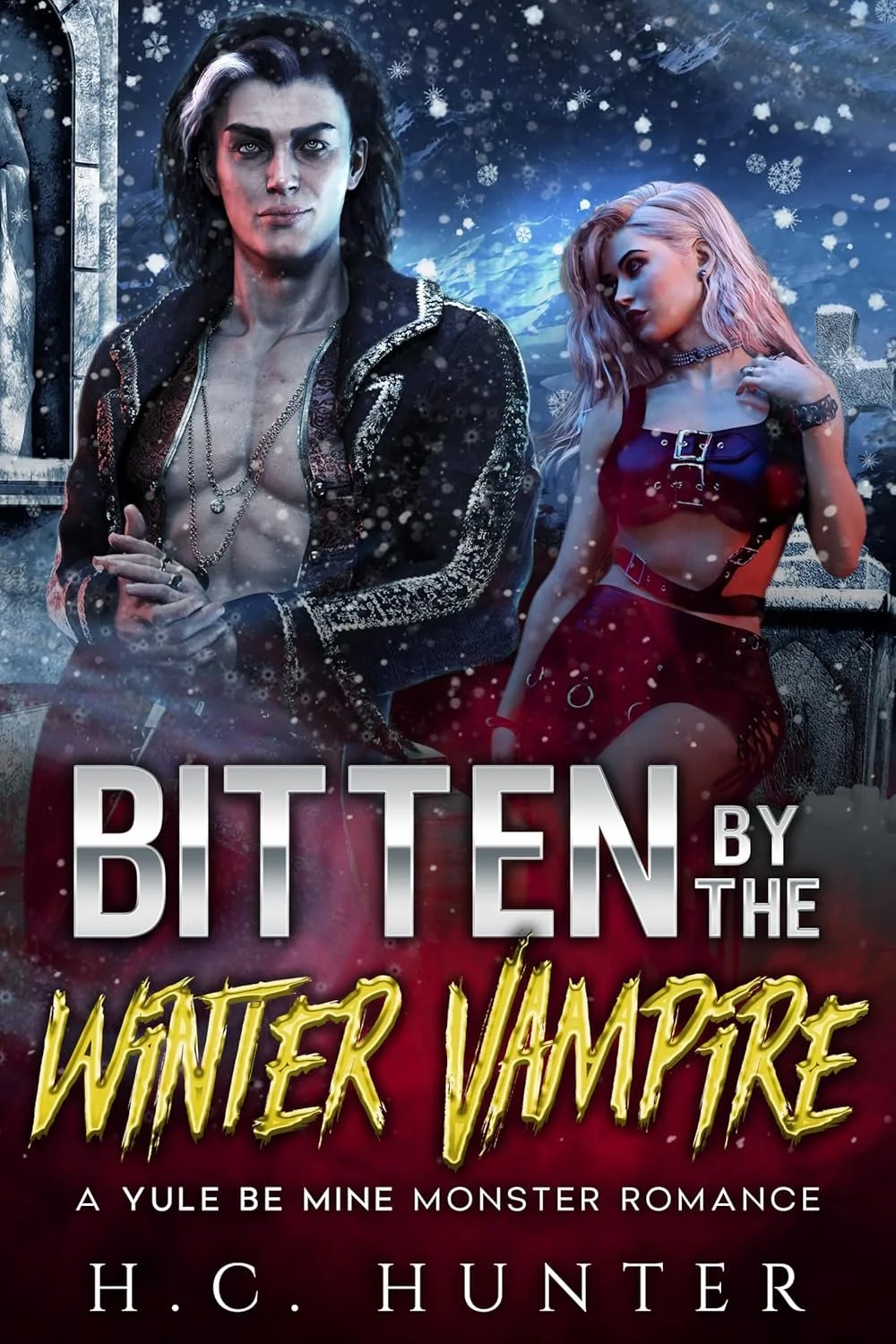 Book cover for 'Bitten by the Winter Vampire' by H.C. Hunter featuring a dark-haired man and a blonde woman in a snowy, graveyard setting.