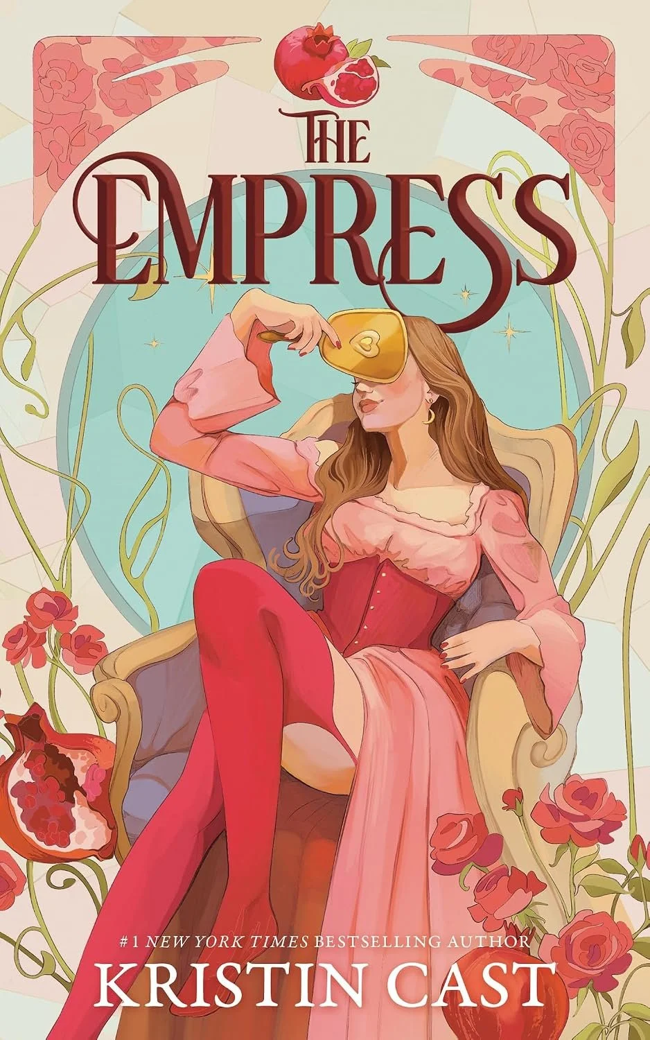 Book cover illustration of a woman sitting on a throne-like chair, wearing a pink dress, red stockings, and a corset, drinking from a chalice. The background features floral and pomegranate imagery, with the title 'The Empress' and author's name Kristin Cast.